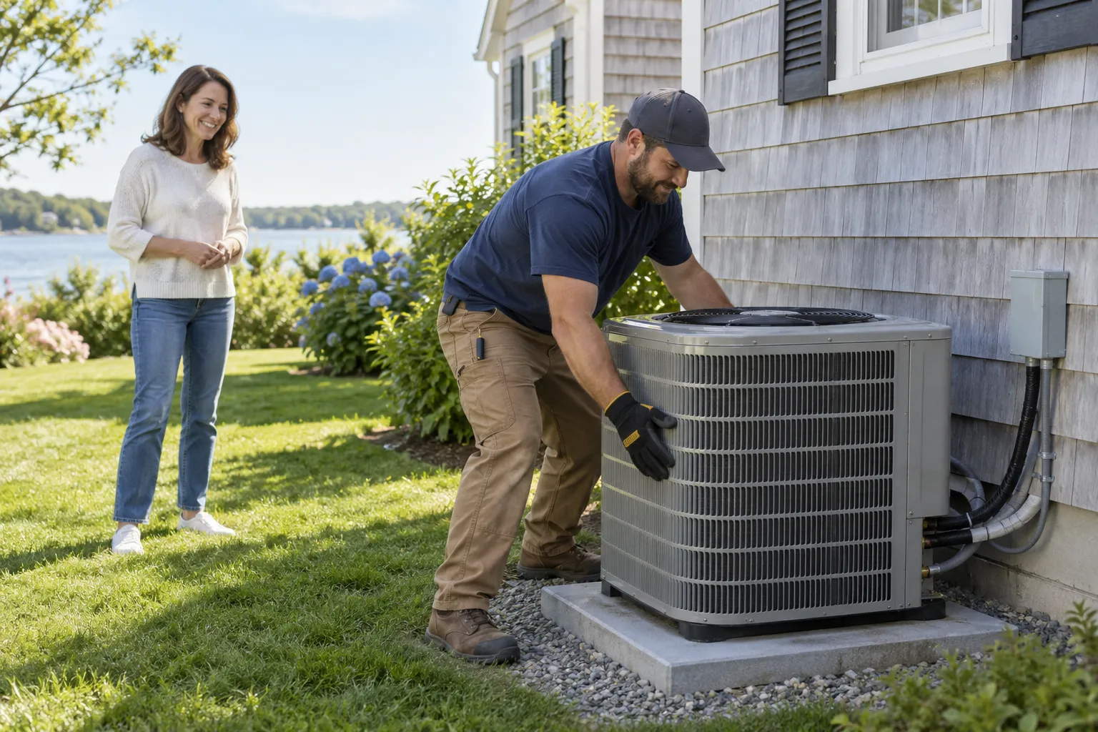 Provider checking a new outdoor air conditioner beside a Cranston home
