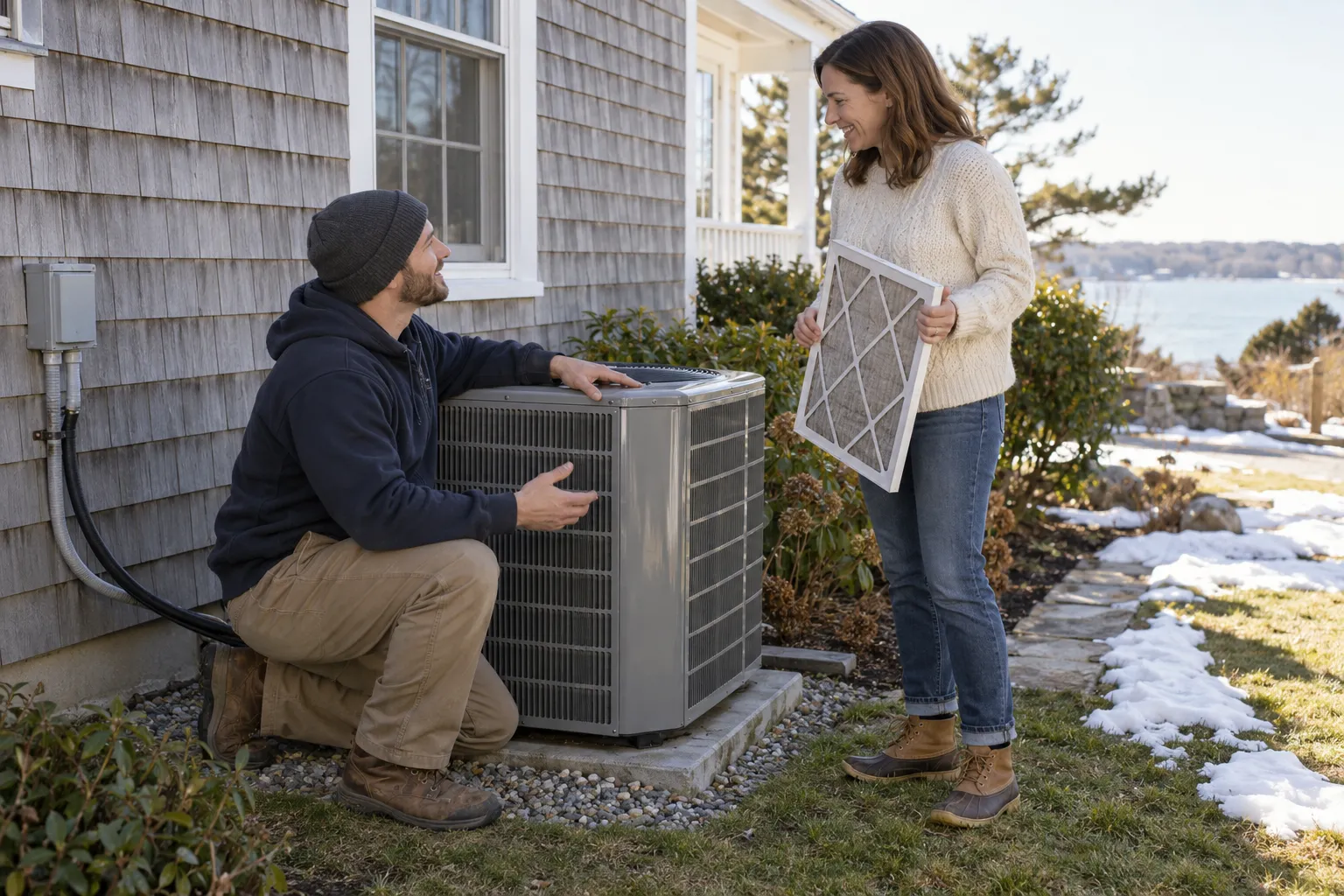A local provider checking an outdoor AC unit beside a Cranston home